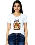 Happy Onam Kathakali Graphic White T-Shirt for Women | Kerala Festival Cotton Tee
