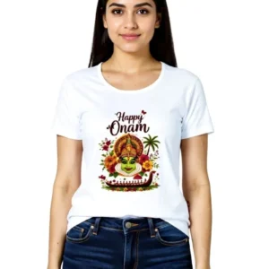 Happy Onam Kathakali Graphic White T-Shirt for Women | Kerala Festival Cotton Tee