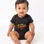 Black Happy Diwali baby romper with colourful diya print