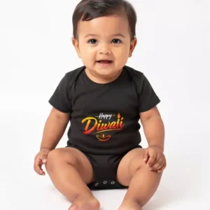 Black Happy Diwali baby romper with colourful diya print