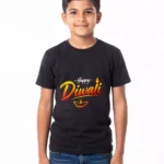 Black Happy Diwali boys' T-shirt with colourful diya print