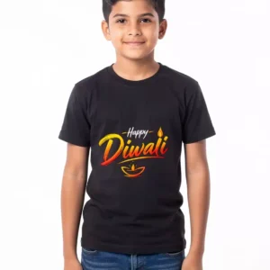 Black Happy Diwali boys' T-shirt with colourful diya print