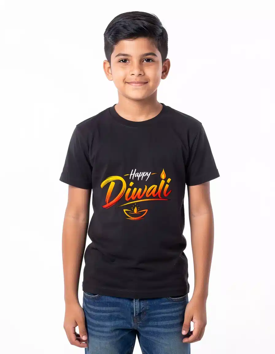 happy-diwali-boys-t-shirt-black Black Happy Diwali boys' T-shirt with colourful diya print