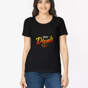Black Happy Diwali women's T-shirt with colourful diya print