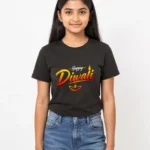 Black Happy Diwali girls' T-shirt with colourful diya print