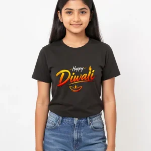 Black Happy Diwali girls' T-shirt with colourful diya print