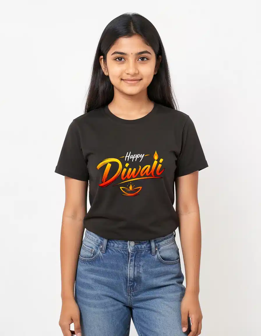 happy-diwali-girls-t-shirt-black Black Happy Diwali girls' T-shirt with colourful diya print