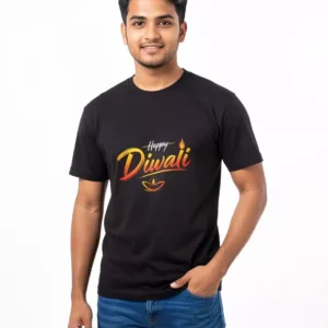Black Happy Diwali men's T-shirt with vibrant diya festive print