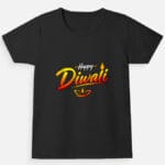 Black Happy Diwali girls' T-shirt with colourful diya print