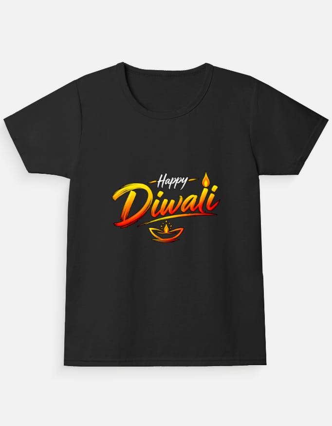 img_0bacf51cd559b4.jpg Black Happy Diwali girls' T-shirt with colourful diya print