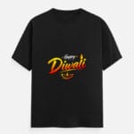 Black Happy Diwali men's T-shirt with vibrant diya festive print