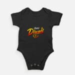 Black Happy Diwali baby romper with colourful diya print